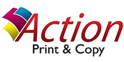 Action Print & Copy logo with red and black text, blue, pink, and yellow squares